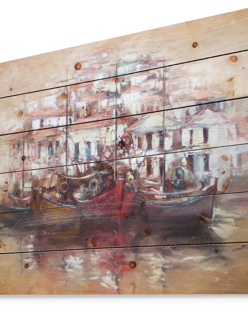 Designq Four Boats At Pier Near Village - Sea & Shore Painting Print On Natural Pine Wood