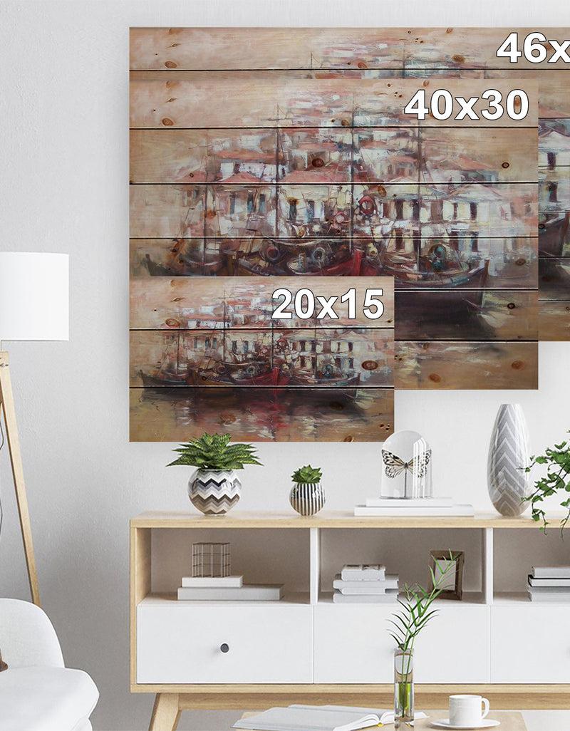 Designq Four Boats At Pier Near Village - Sea & Shore Painting Print On Natural Pine Wood