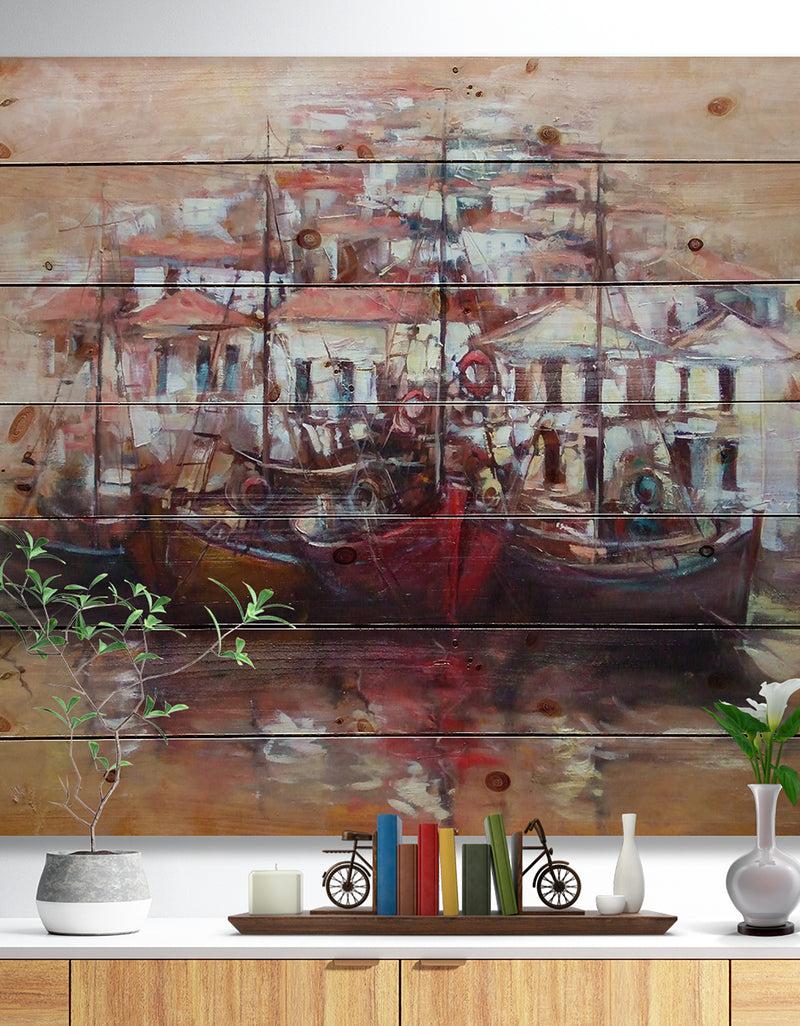 designq Four Boats At Pier Near Village - Sea & Shore Painting Print on Natural Pine Wood