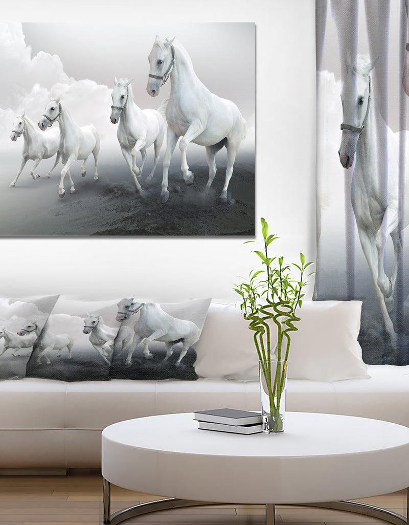 designq Four White Horses in Cloudy Day - Farmhouse Animals Photographic on wrapped Canvas