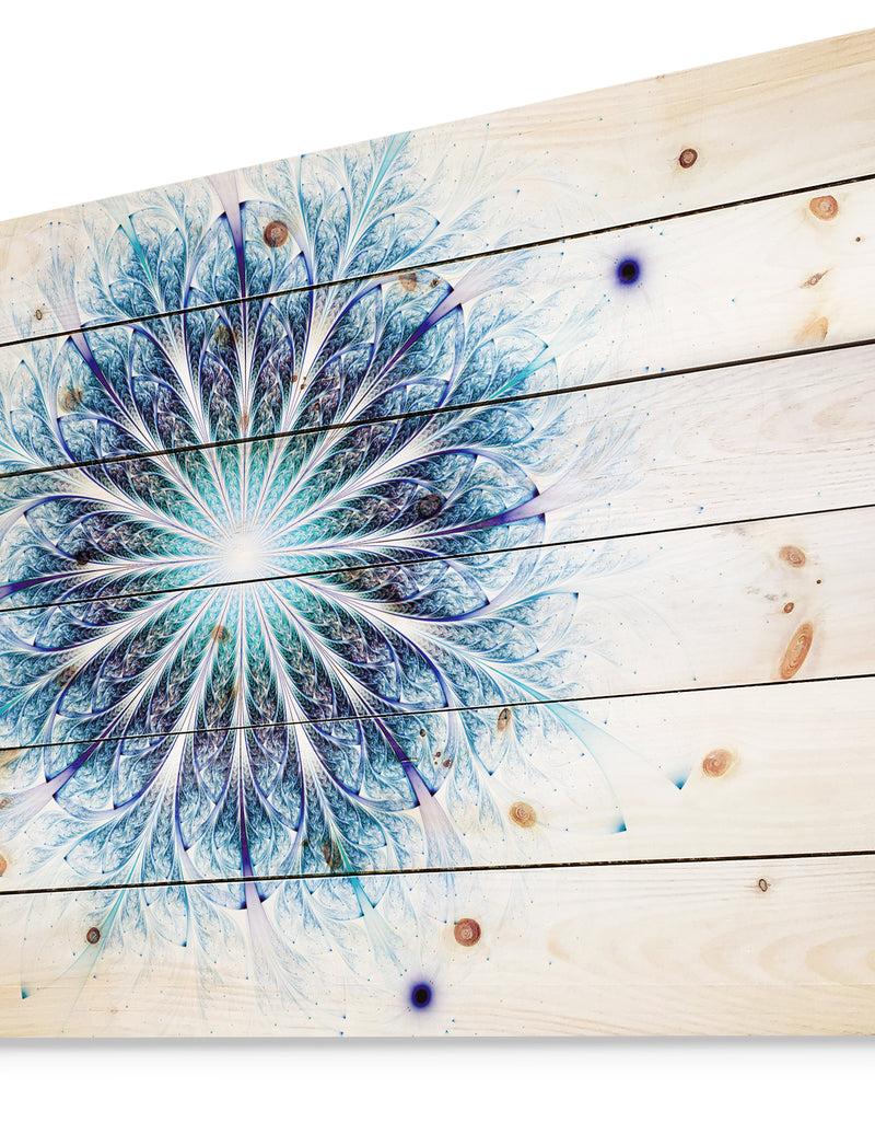 Designq Fractal Flower Light Blue Digital Art - Flower Print On Natural Pine Wood