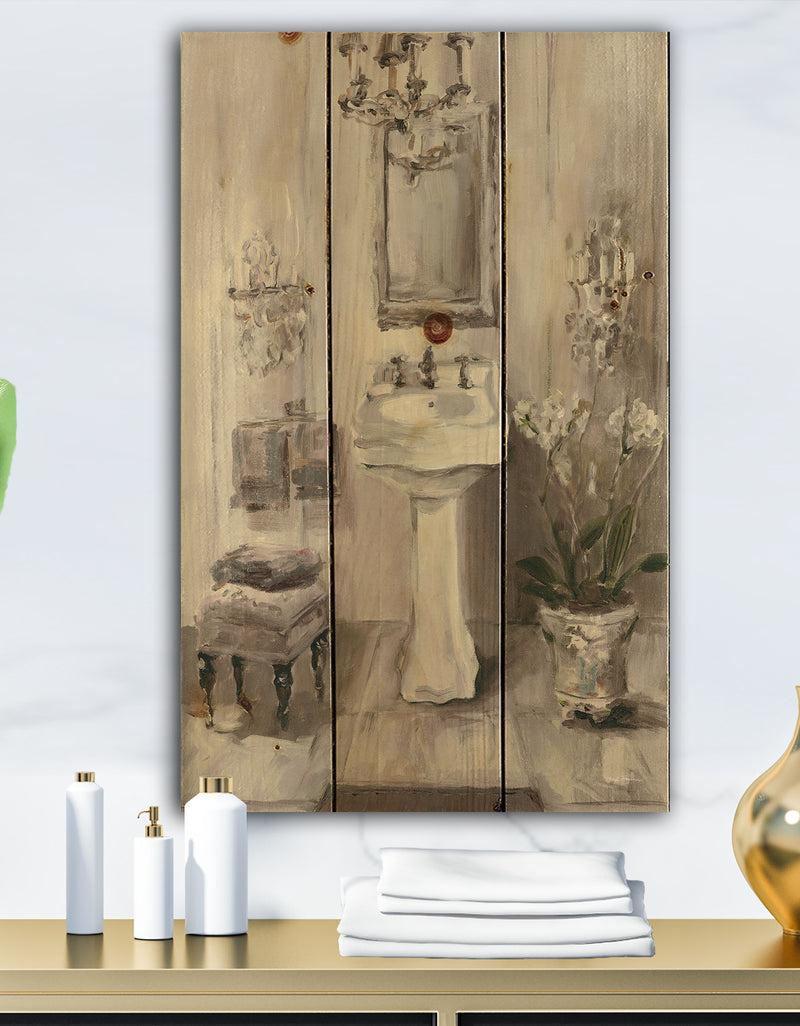 designq French Bathroom Vintage II - Traditional Bathroom Print on Natural Pine Wood