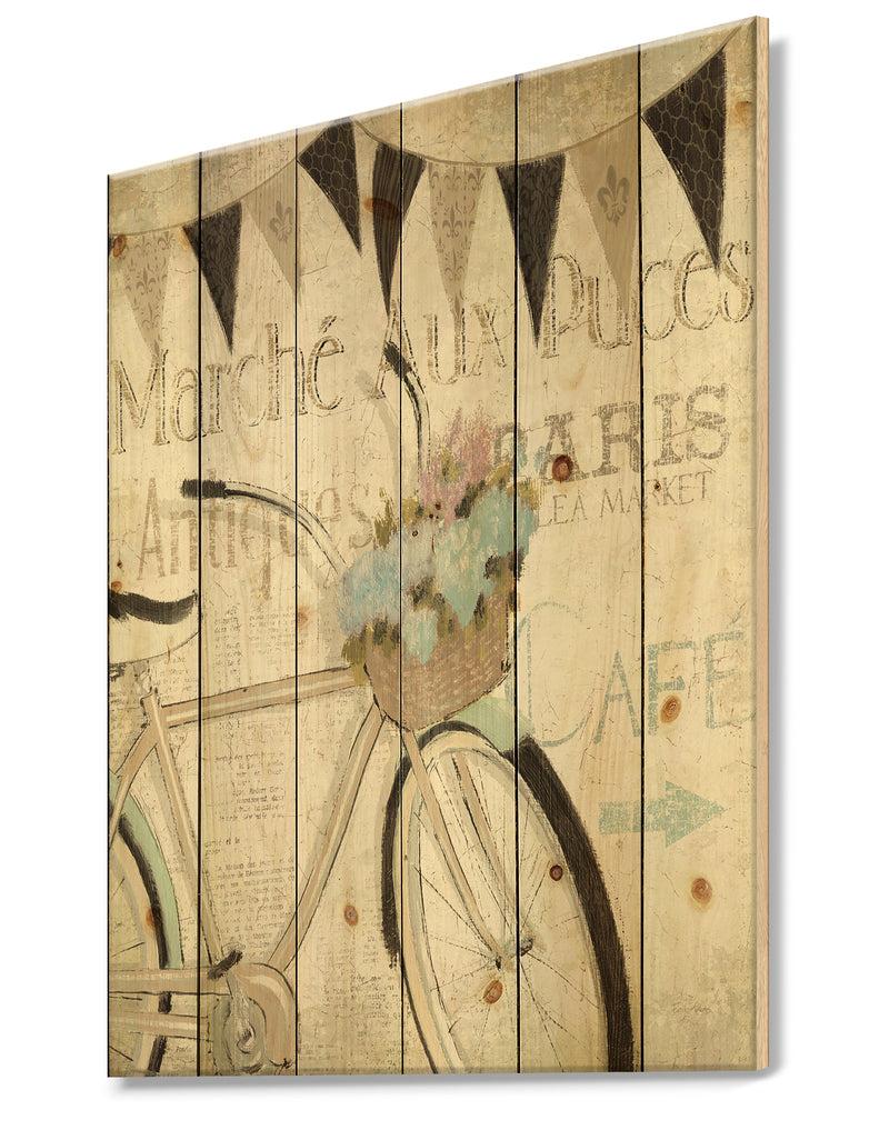 Designq French Bicycle Flea Market I - French Country Print On Natural Pine Wood