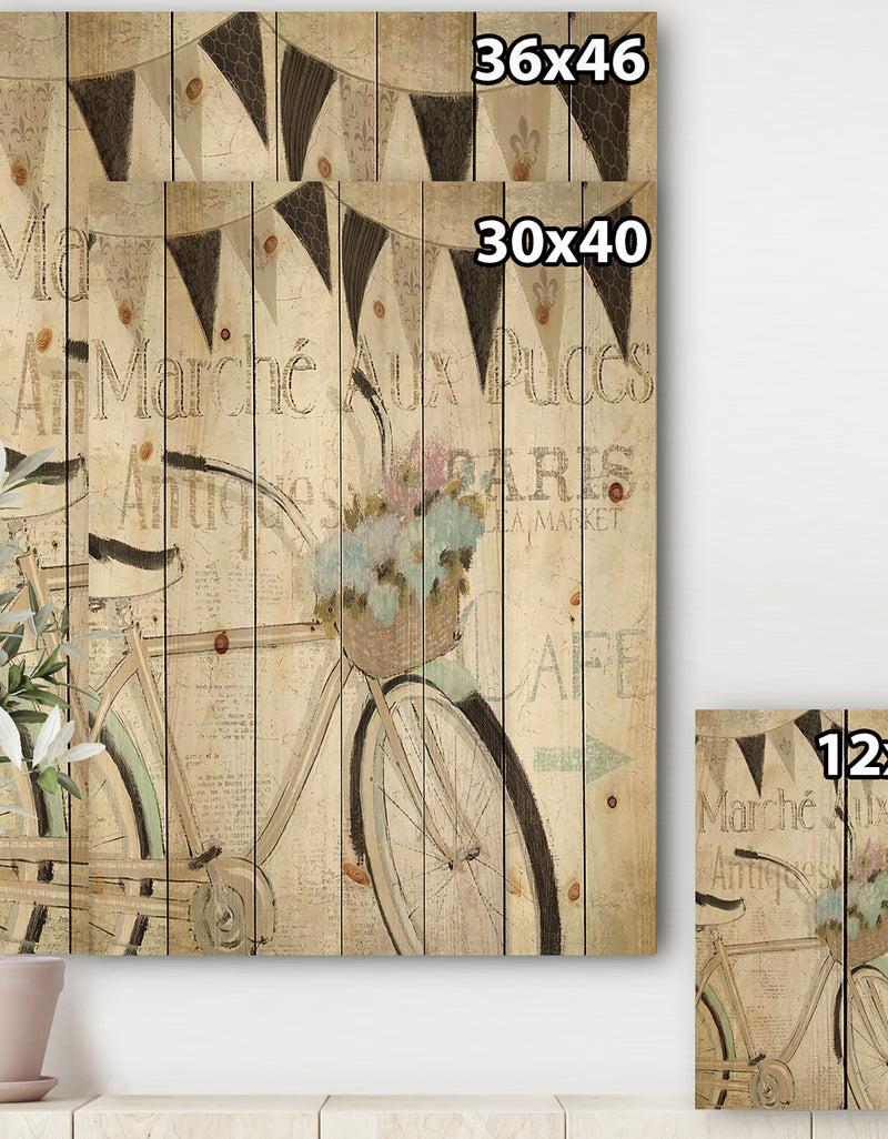 Designq French Bicycle Flea Market I - French Country Print On Natural Pine Wood