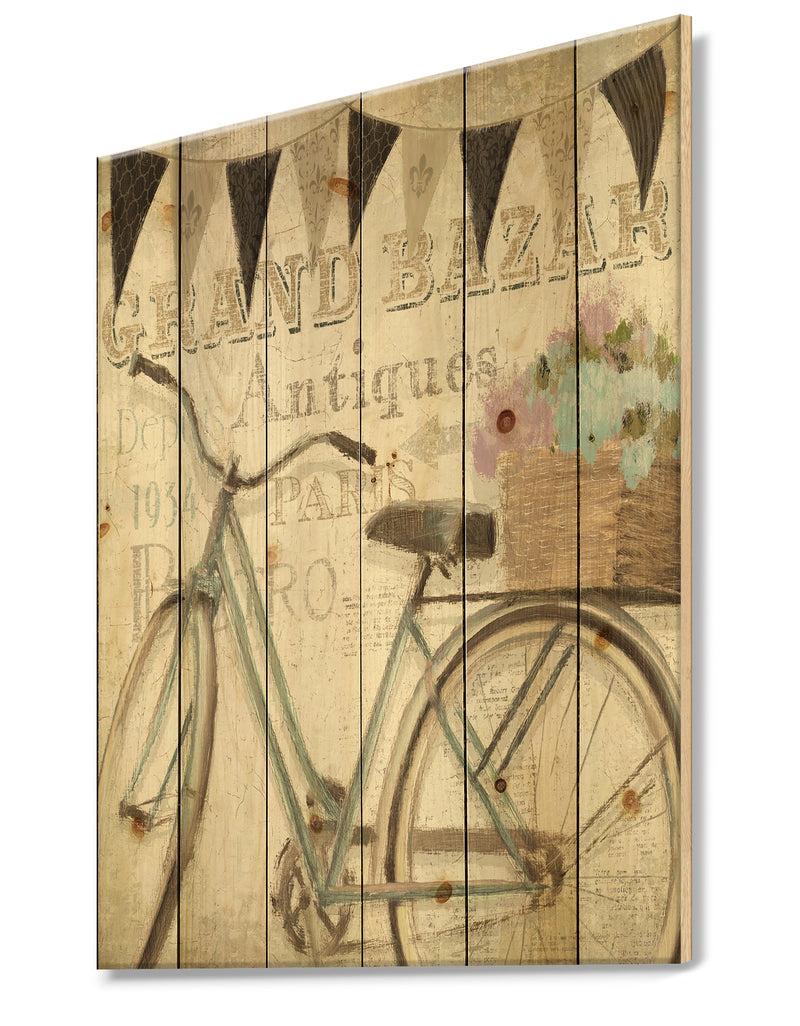 Designq French Bicycle Flea Market II - French Country Print On Natural Pine Wood