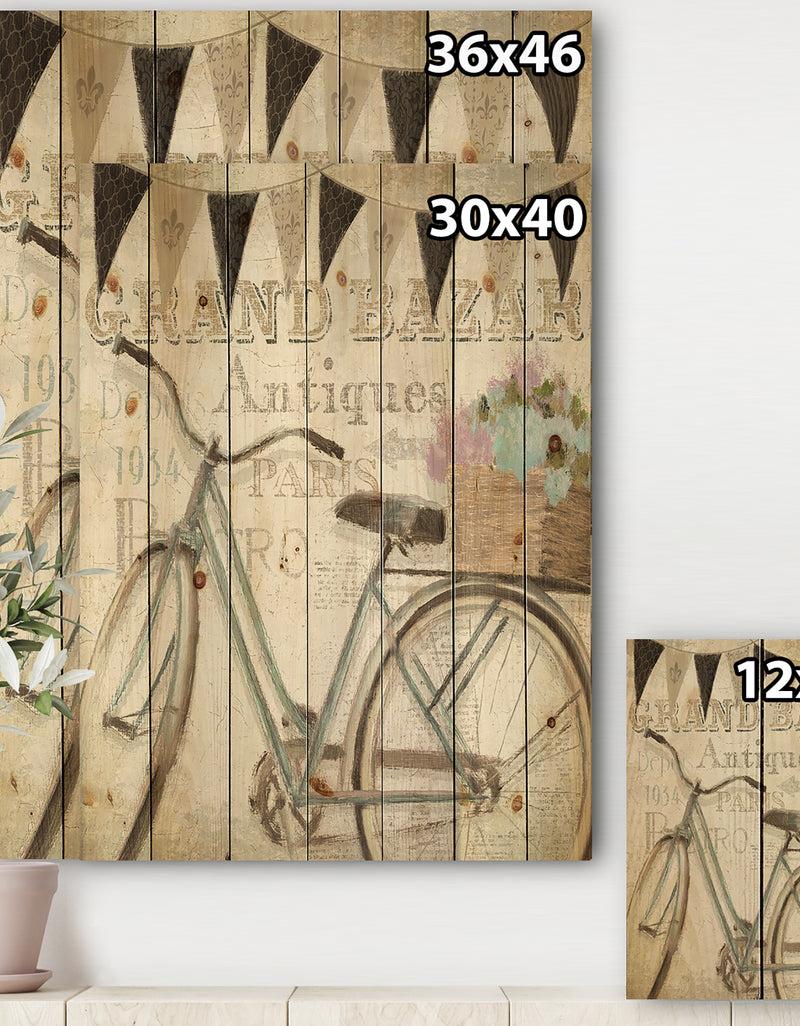 Designq French Bicycle Flea Market II - French Country Print On Natural Pine Wood