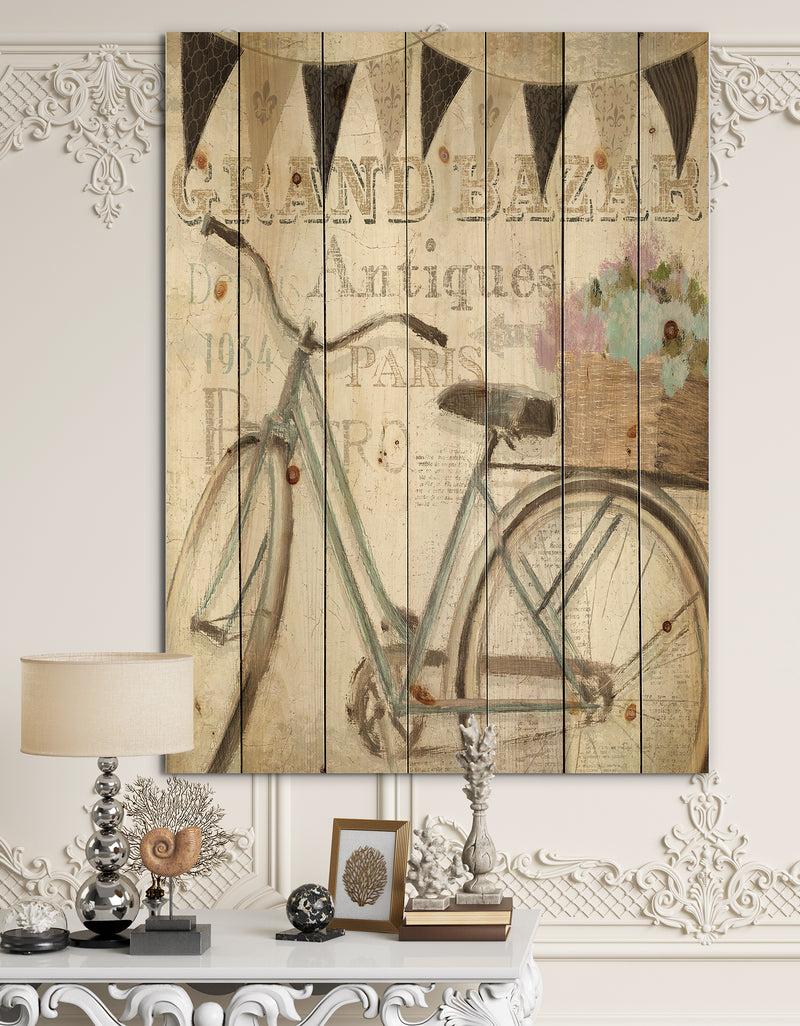 designq French Bicycle Flea Market II - French Country Print on Natural Pine Wood