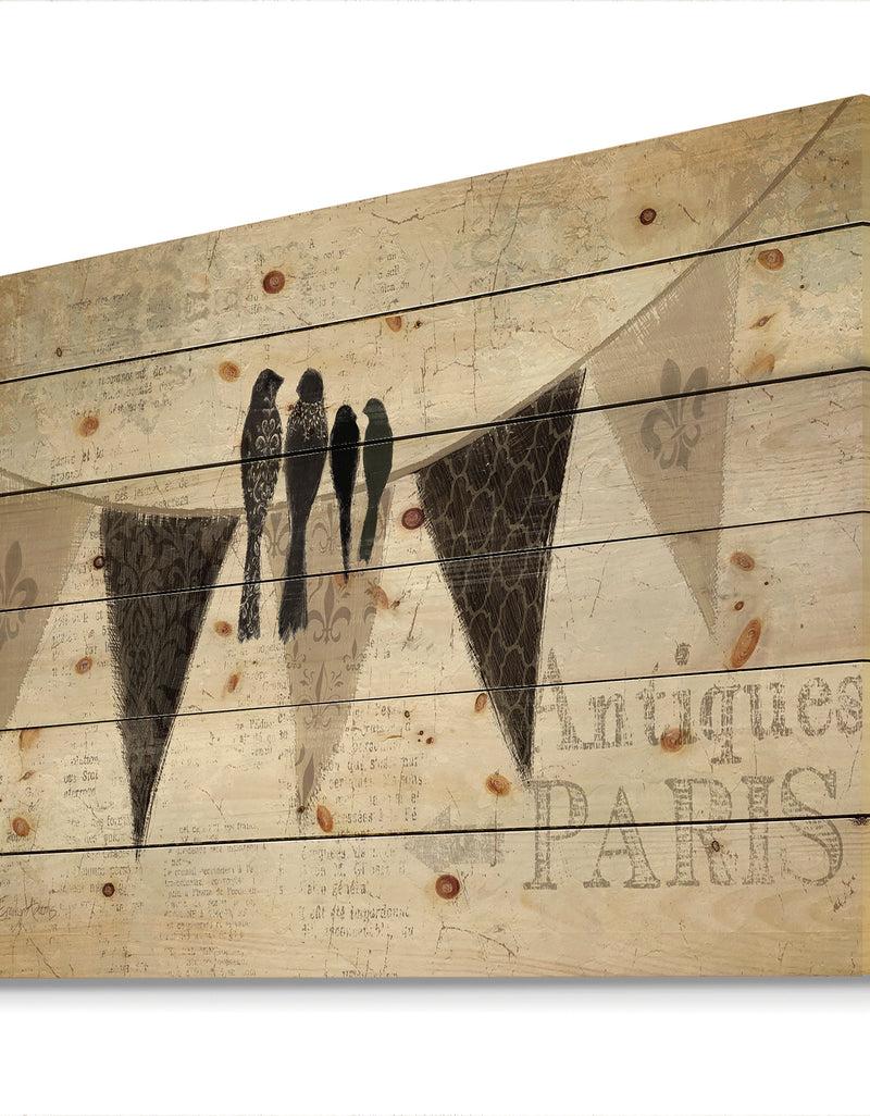 Designq French Bird Flea Market - Farmhouse Print On Natural Pine Wood
