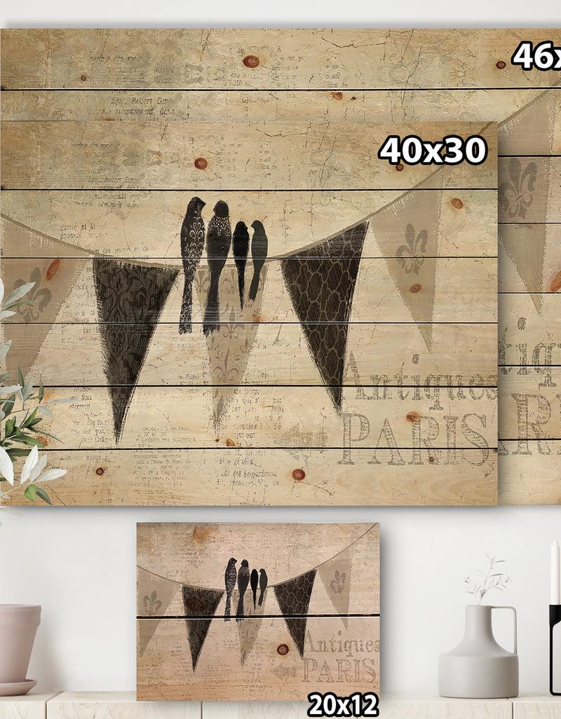 Designq French Bird Flea Market - Farmhouse Print On Natural Pine Wood