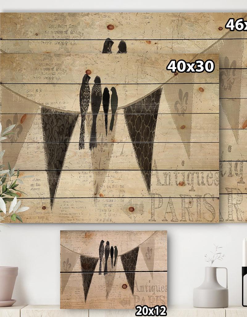 Designq French Bird Flea Market III - Farmhouse Print On Natural Pine Wood