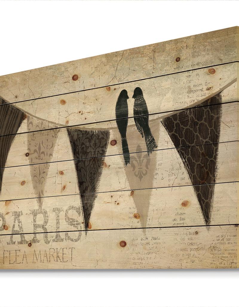Designq French Bird Flea Market IV - French Country Print On Natural Pine Wood
