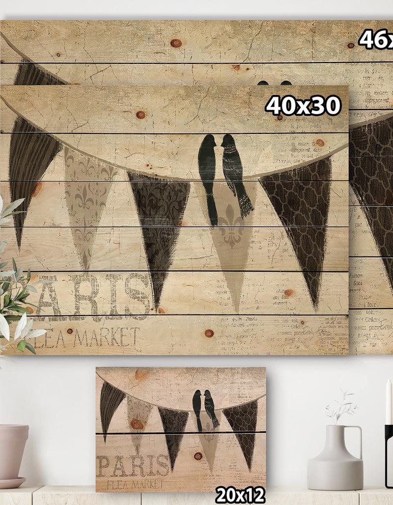 Designq French Bird Flea Market IV - French Country Print On Natural Pine Wood
