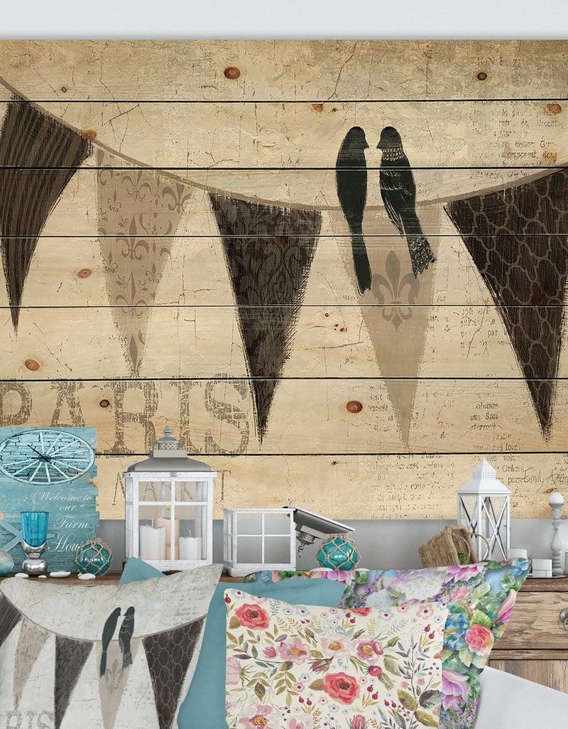 designq French Bird Flea Market IV - French Country Print on Natural Pine Wood
