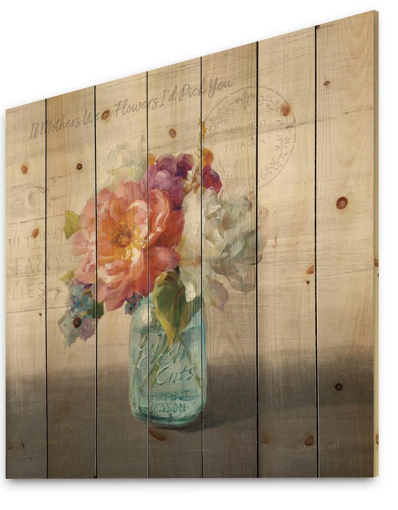 Designq French Cottage Bouquet I Mothers - Cottage Print On Natural Pine Wood