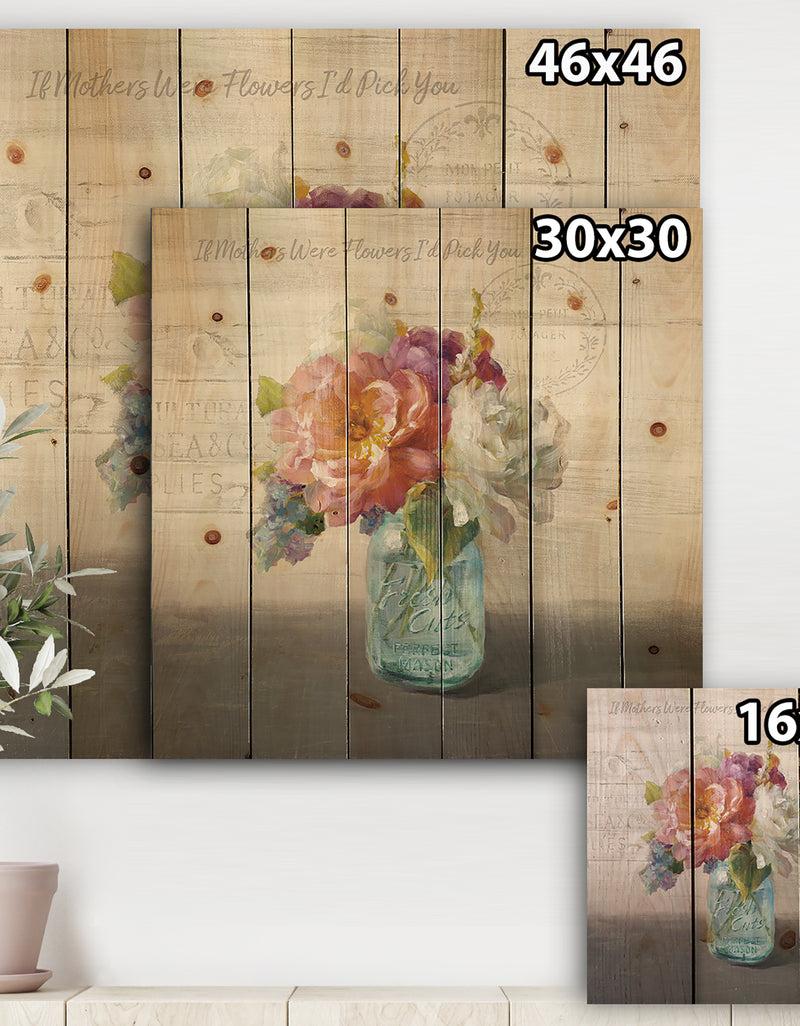 Designq French Cottage Bouquet I Mothers - Cottage Print On Natural Pine Wood