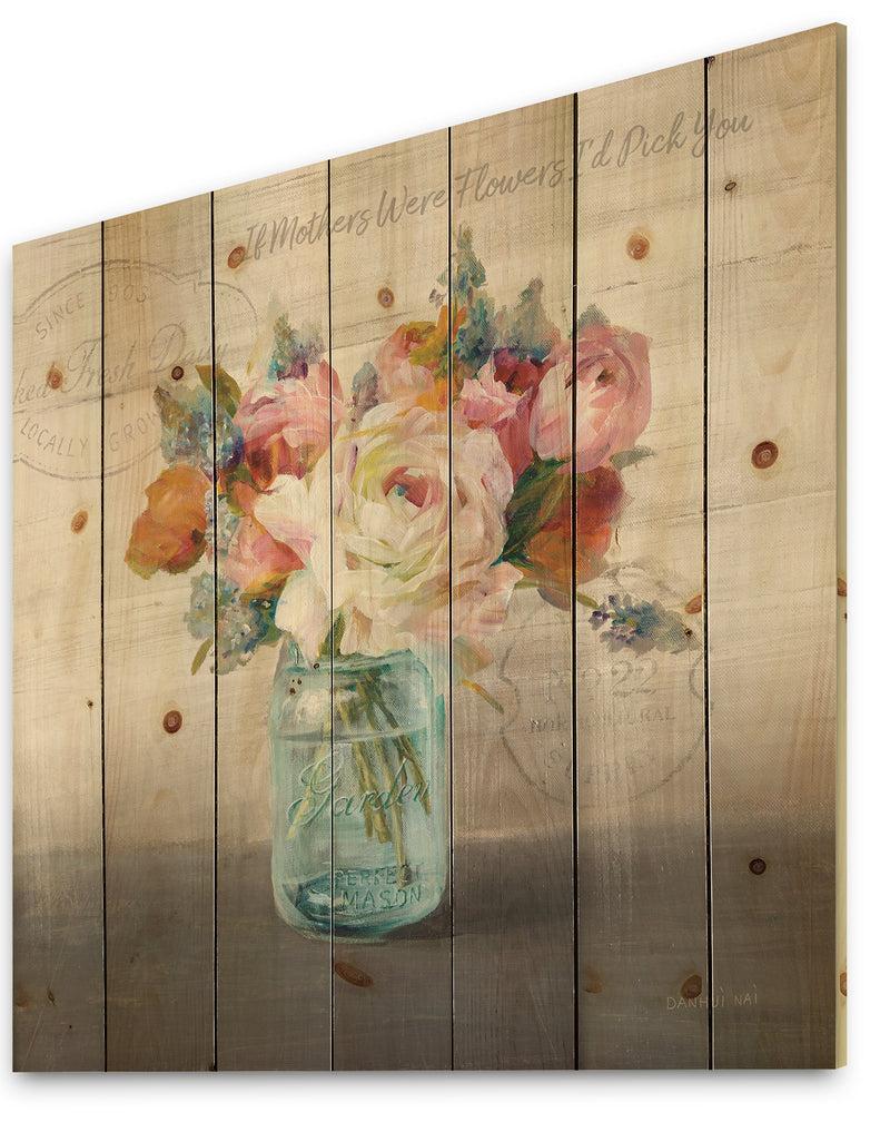 Designq French Cottage Bouquet II Mothers - Cottage Print On Natural Pine Wood