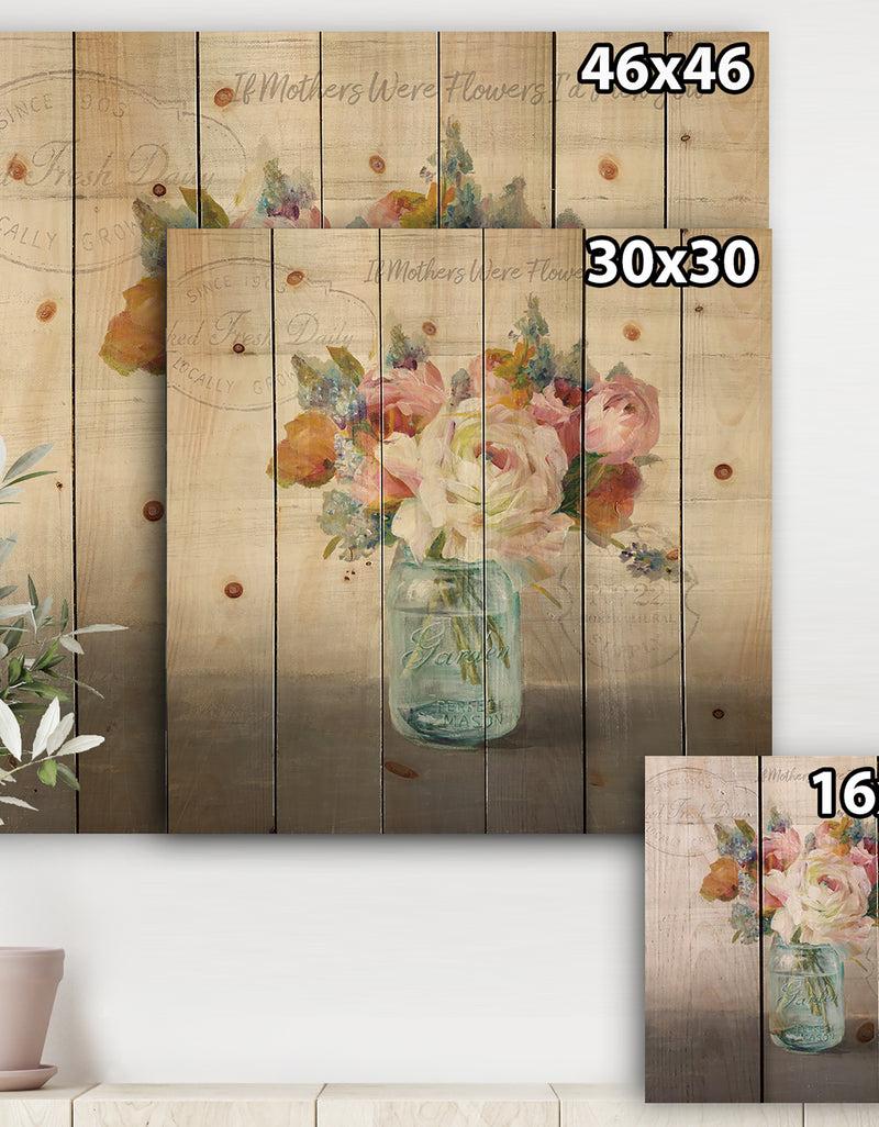 Designq French Cottage Bouquet II Mothers - Cottage Print On Natural Pine Wood