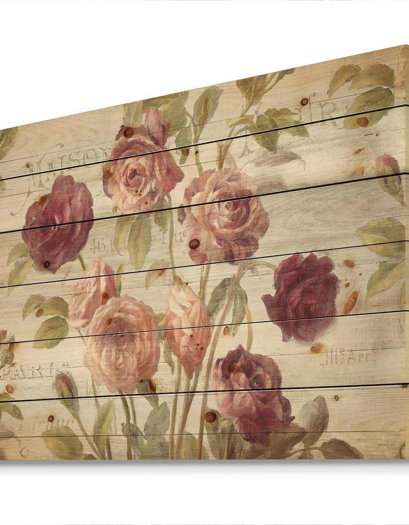 Designq French Roses I - Farmhouse Print On Natural Pine Wood