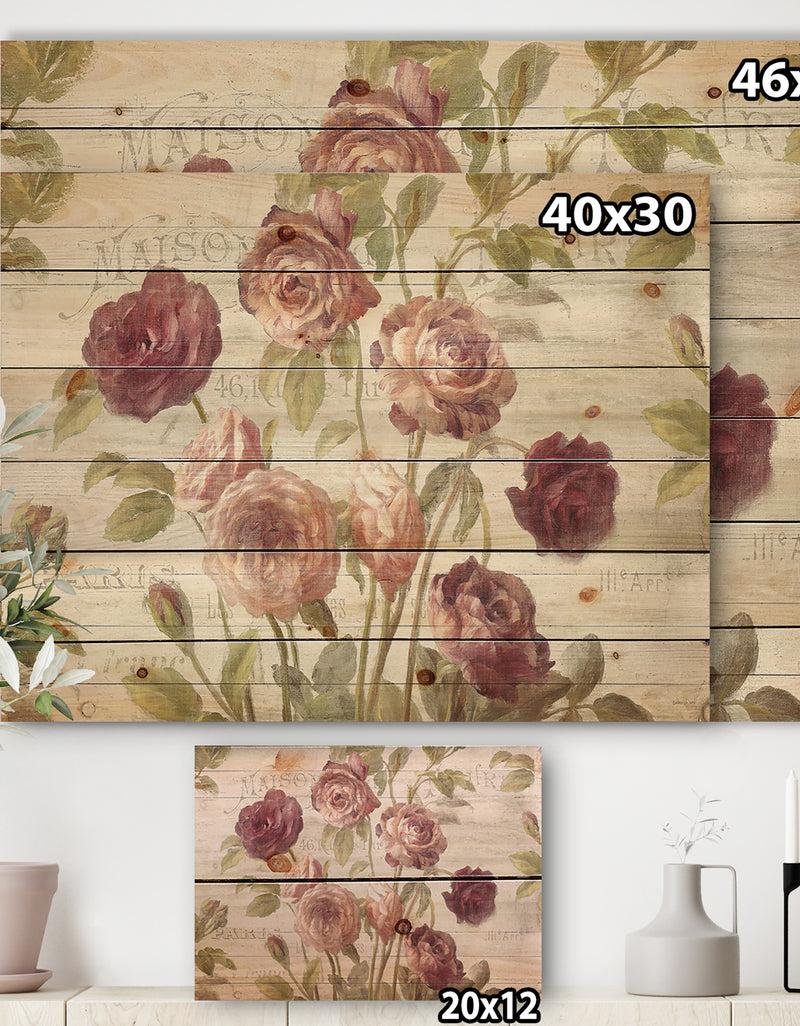 Designq French Roses I - Farmhouse Print On Natural Pine Wood