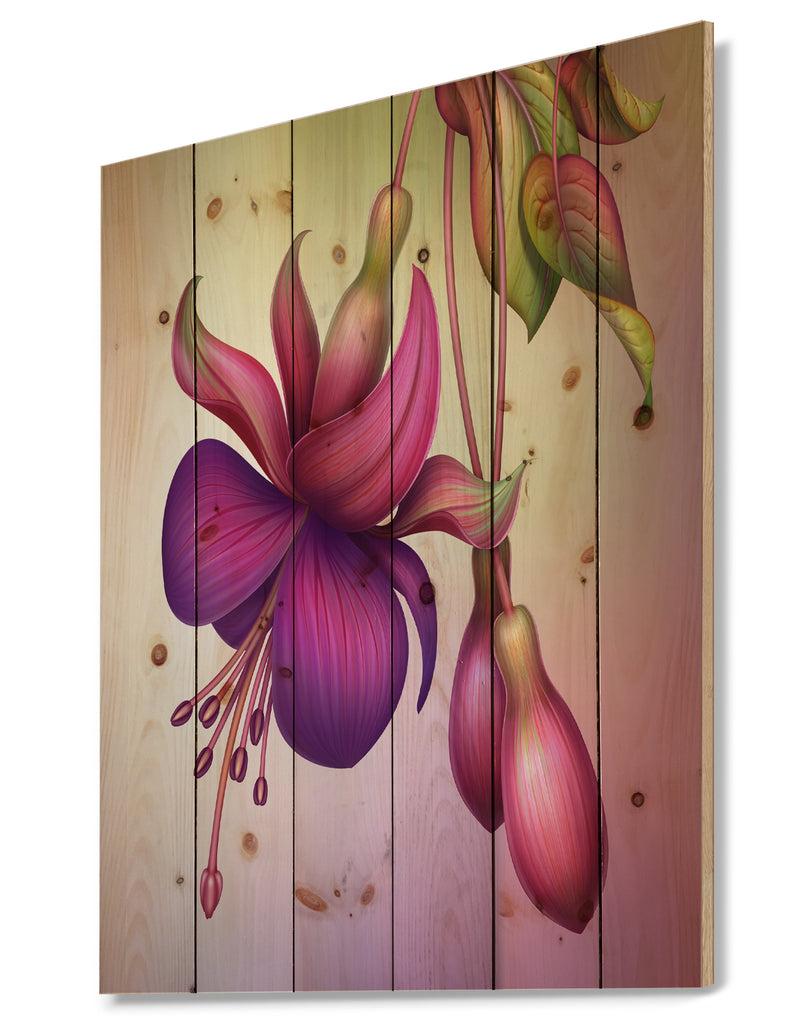 Designq Fuchsia Flowers With Green Leaves - Floral Print On Natural Pine Wood