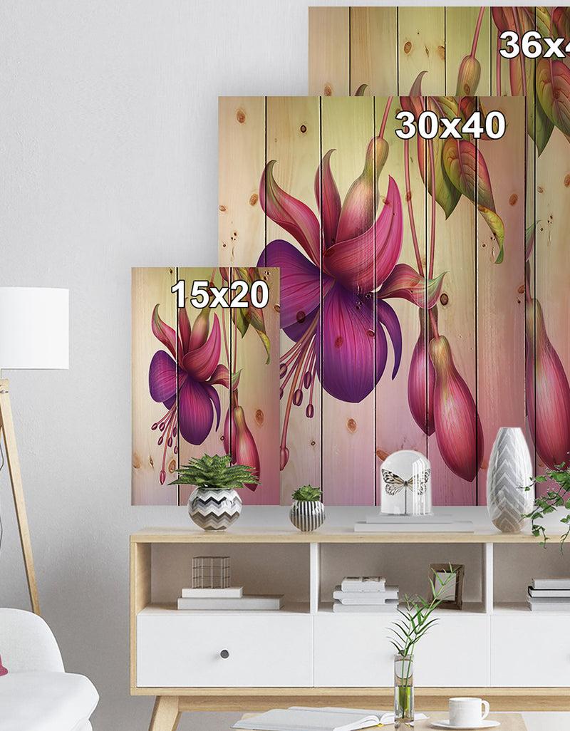 Designq Fuchsia Flowers With Green Leaves - Floral Print On Natural Pine Wood
