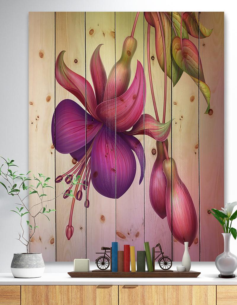 designq Fuchsia Flowers with Green Leaves - Floral Print on Natural Pine Wood