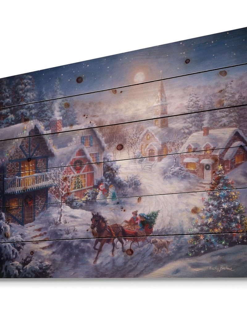 Designq Full Moon Christmas Evening With Open Sleigh And Church - Print On Natural Pine Wood