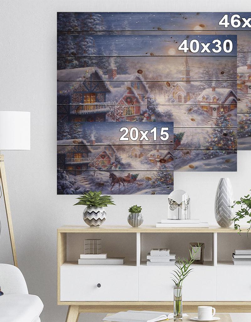 Designq Full Moon Christmas Evening With Open Sleigh And Church - Print On Natural Pine Wood
