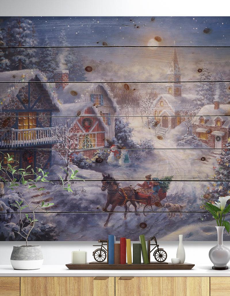 designq Full Moon Christmas Evening with open sleigh and church - Print on Natural Pine Wood