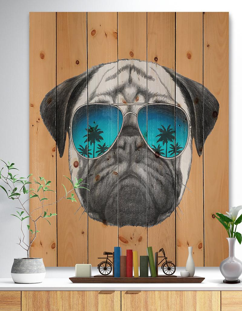 designq Funny Dog with Blue Glasses - Animal Print on Natural Pine Wood