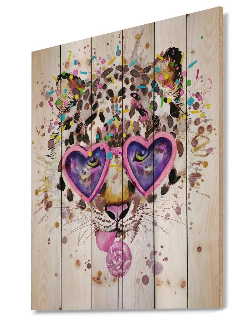 Designq Funny Leopard With Heart Glasses - Animal Print On Natural Pine Wood