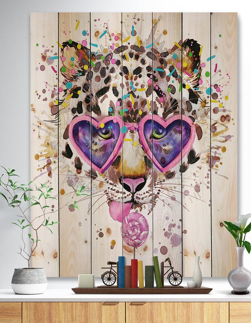 designq Funny Leopard with Heart Glasses - Animal Print on Natural Pine Wood