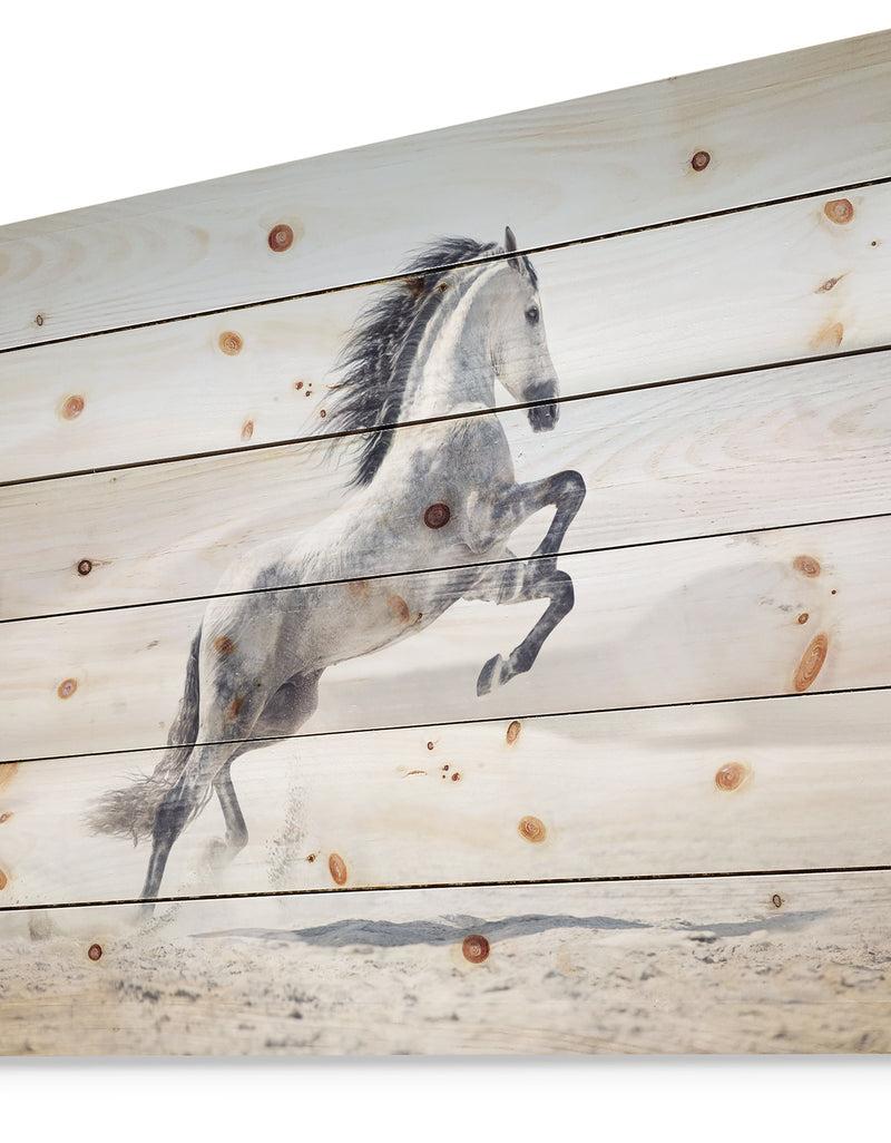 Designq Galloping White Horse - Animal Print On Natural Pine Wood