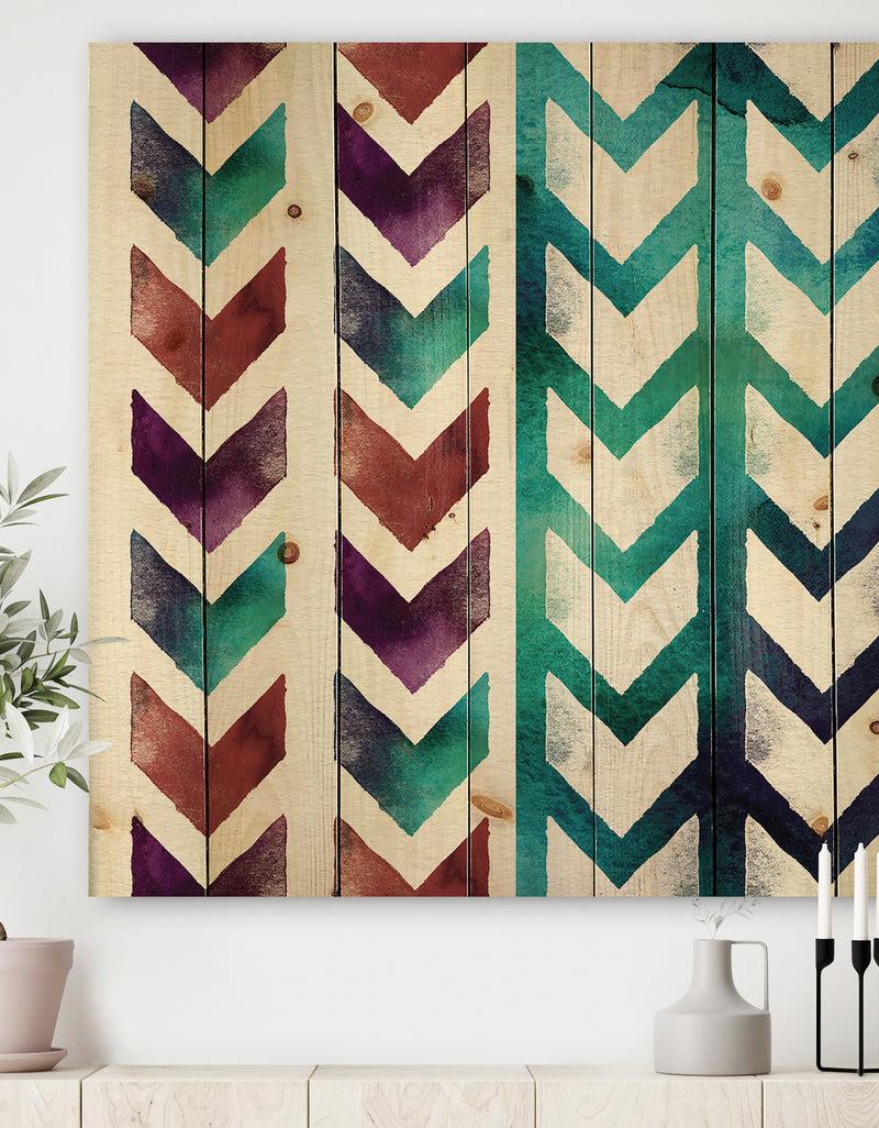 designq Geometric Pattern of Red And Blue Arrows - Transitional Print on Natural Pine Wood