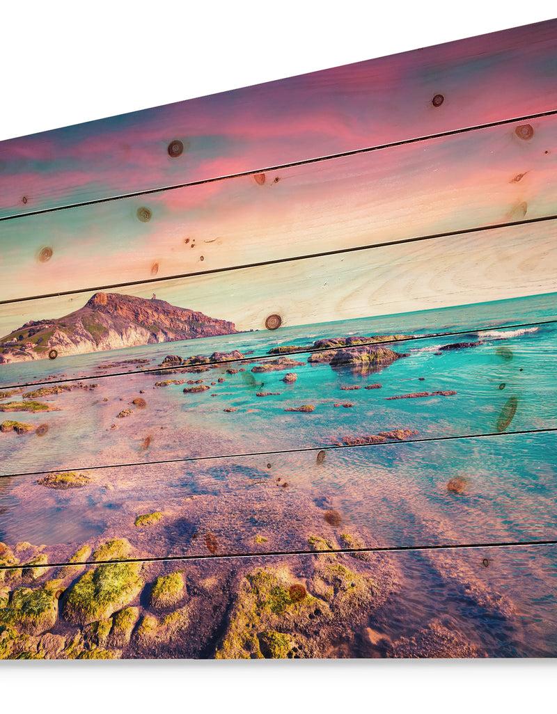 Designq Giallonardo Beach Colorful Sunset - Seashore Photo Print On Natural Pine Wood