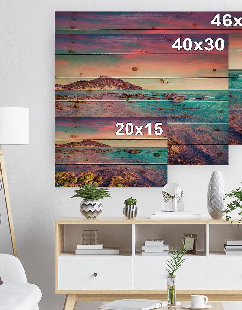 Designq Giallonardo Beach Colorful Sunset - Seashore Photo Print On Natural Pine Wood