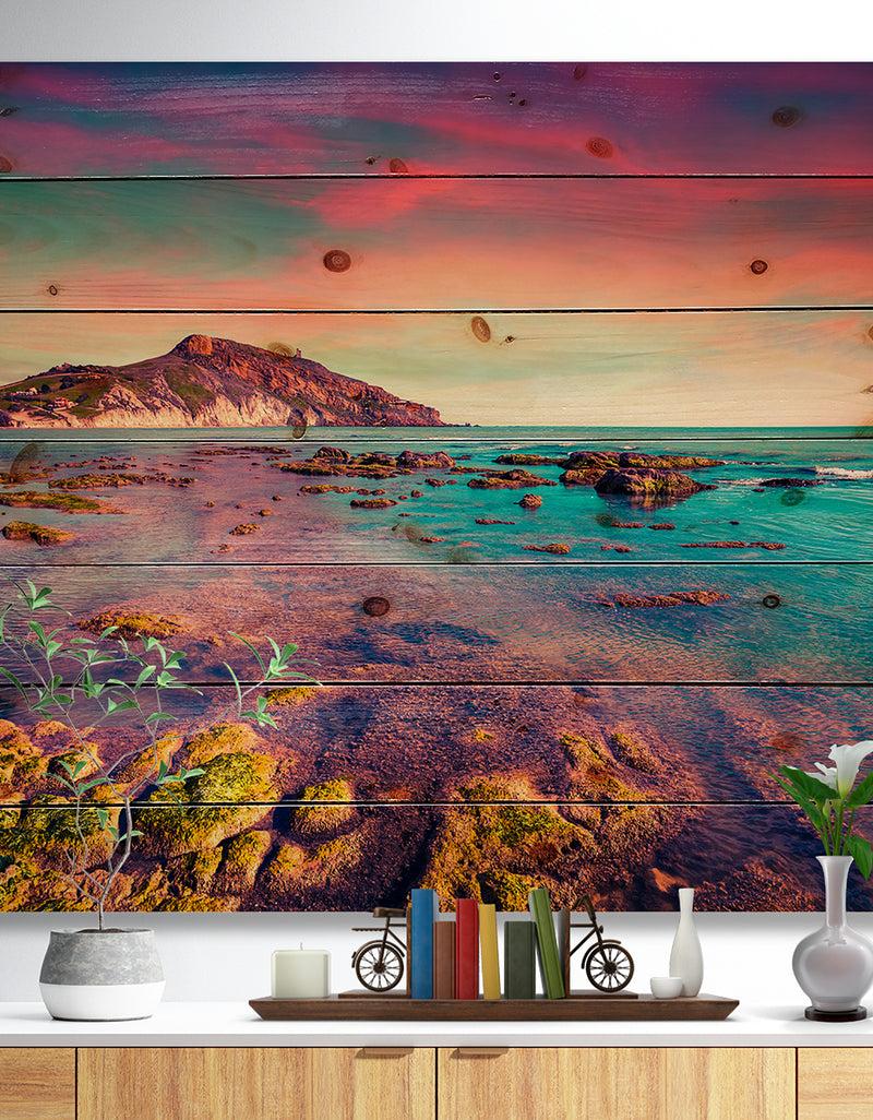 designq Giallonardo Beach Colorful Sunset - Seashore Photo Print on Natural Pine Wood