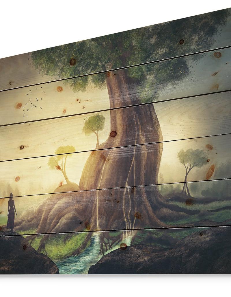 Designq Giant Tree With Woman - Abstract Print On Natural Pine Wood