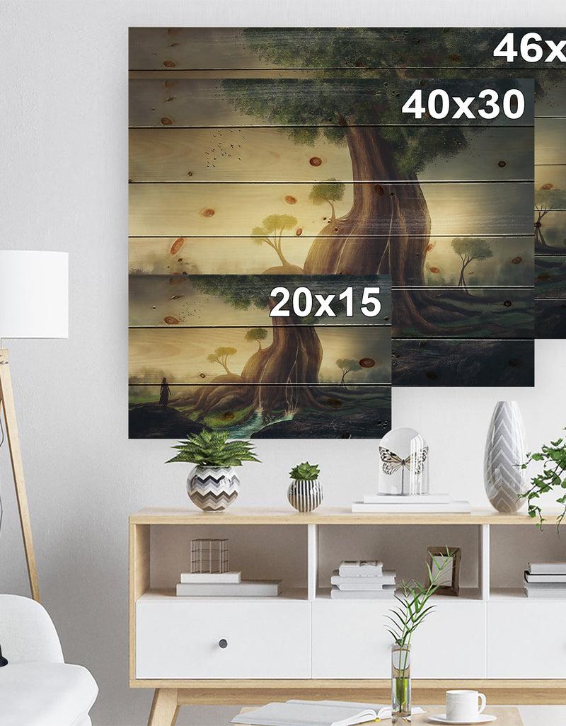 Designq Giant Tree With Woman - Abstract Print On Natural Pine Wood