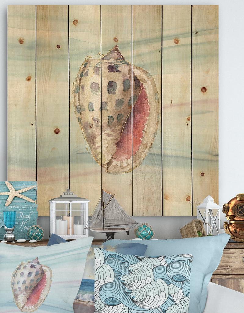 designq Gilded Sea Horn Shell on Blue - Nautical & Coastal Print on Natural Pine Wood