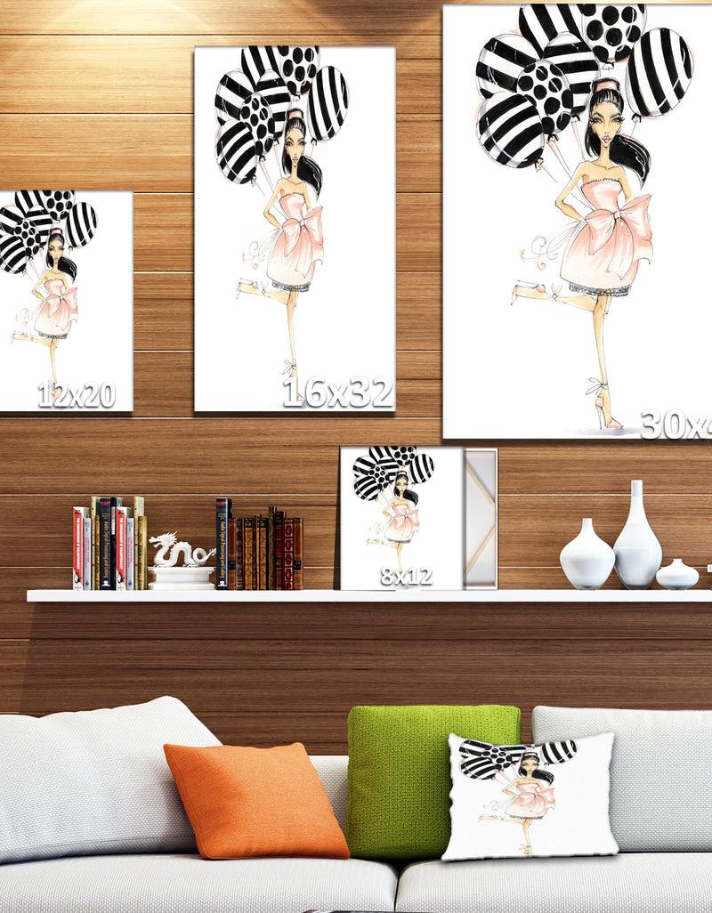 Designq Girl With Baloons - Glamour Painting Print On Wrapped Canvas