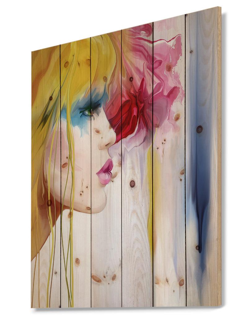 Designq Girl With Colorful Hair - Fashion Print On Natural Pine Wood