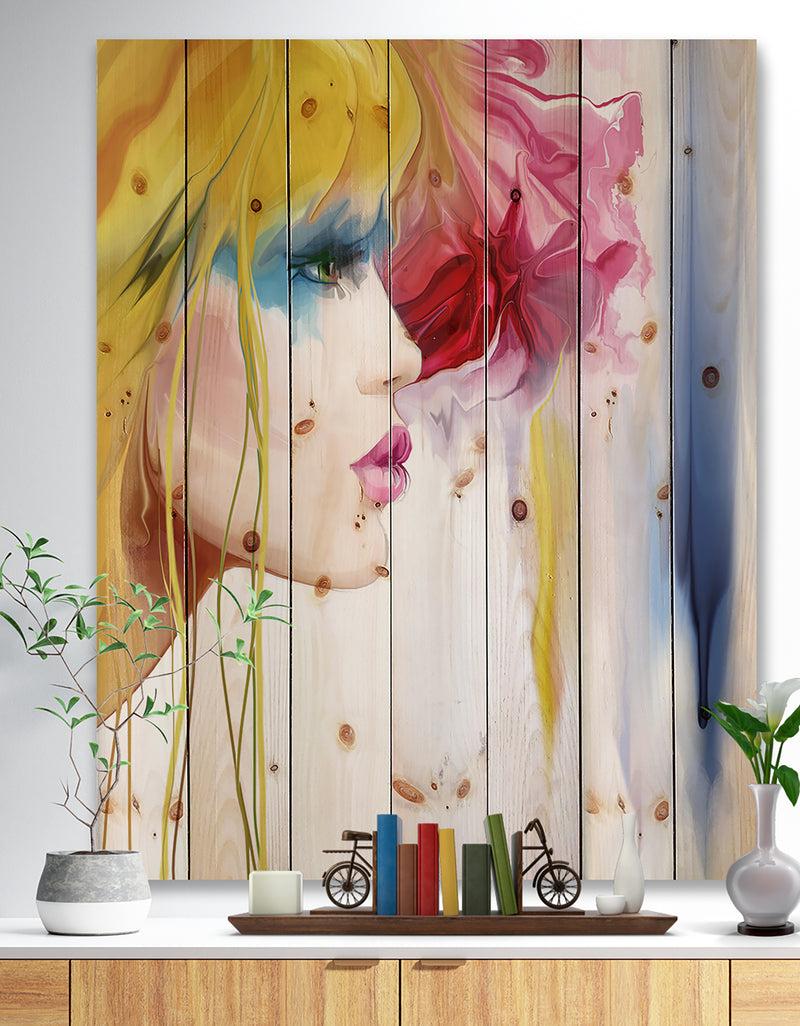 designq Girl with Colorful Hair - Fashion Print on Natural Pine Wood
