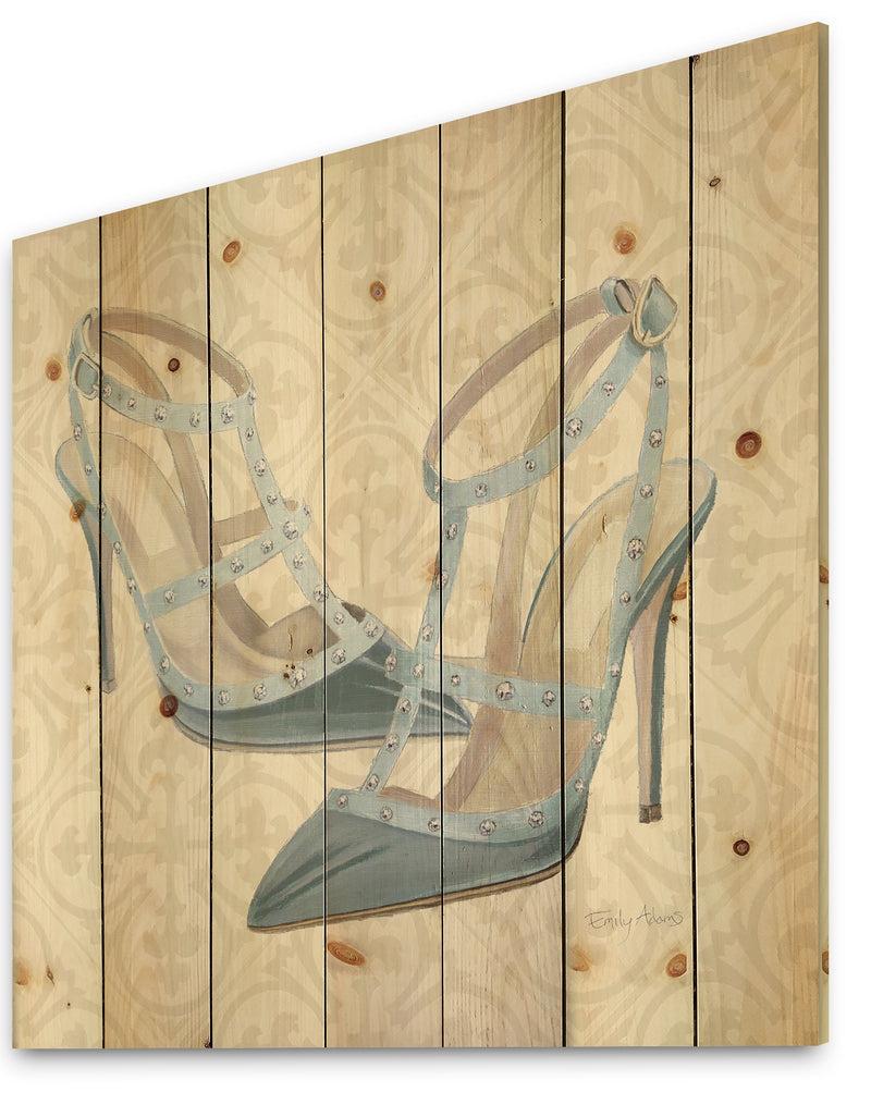 Designq Glam Cosmetics Blue Shoes - Fashion Print On Natural Pine Wood