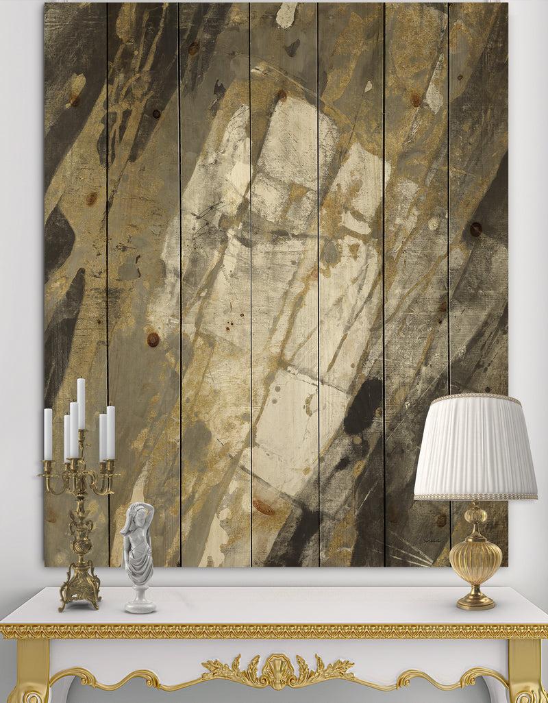 designq Gold Black and White Hanpainted Abstract - Traditional Print on Natural Pine Wood
