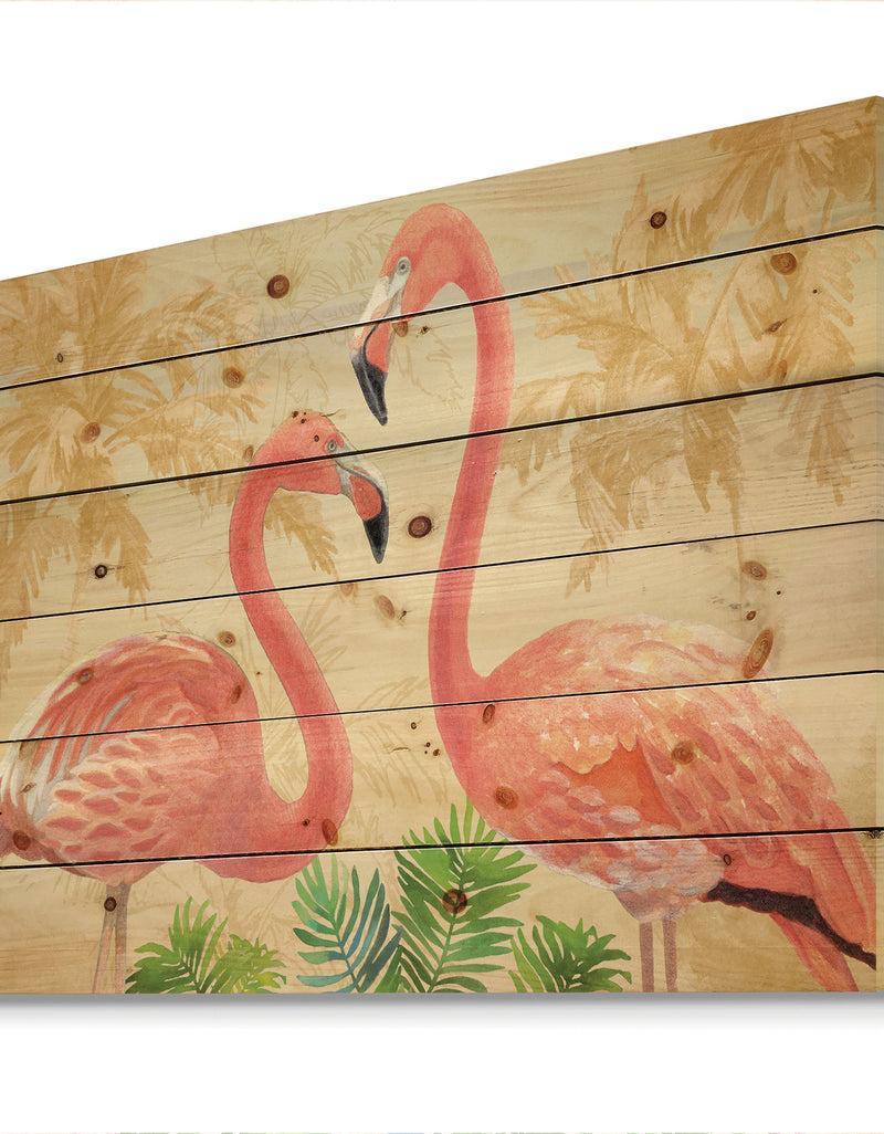 Designq Gold Glam Flamingos - Animals Print On Natural Pine Wood