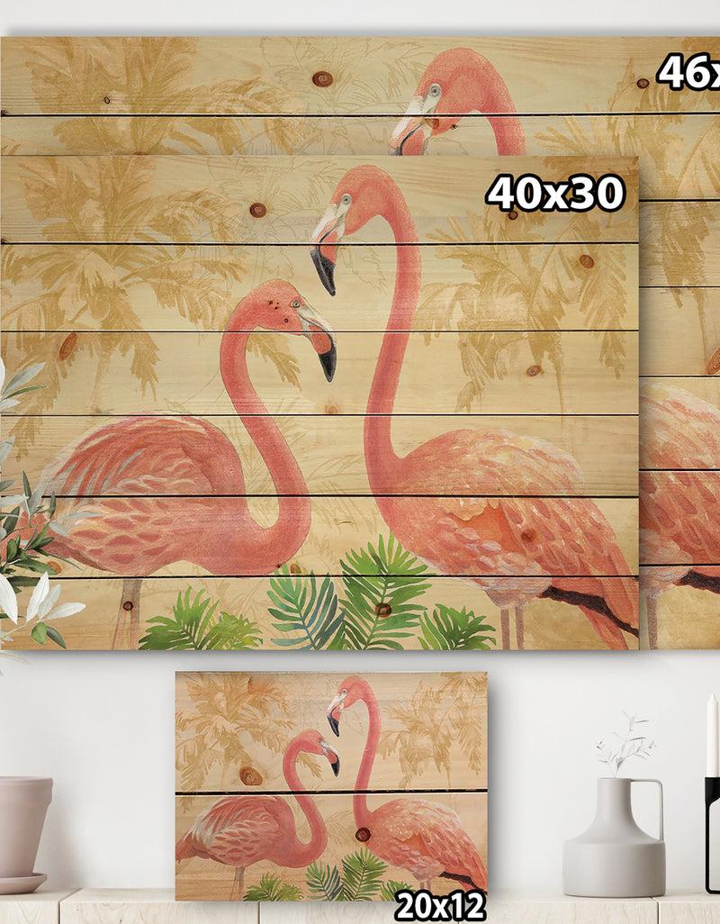 Designq Gold Glam Flamingos - Animals Print On Natural Pine Wood