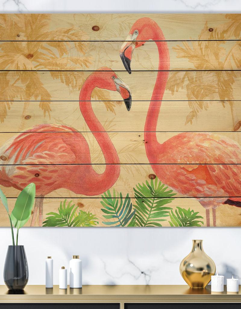 designq Gold Glam Flamingos - Animals Print on Natural Pine Wood