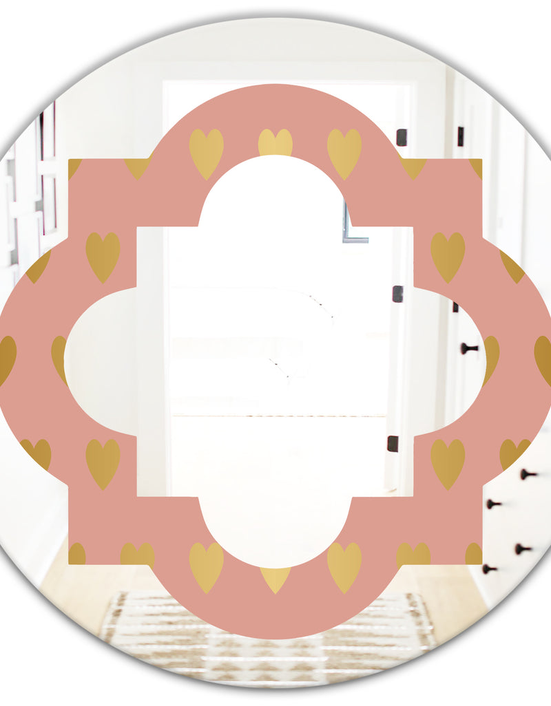 Designq Gold Hearts On Pink - Modern Round Or Oval Wall Mirror - Quatrefoil