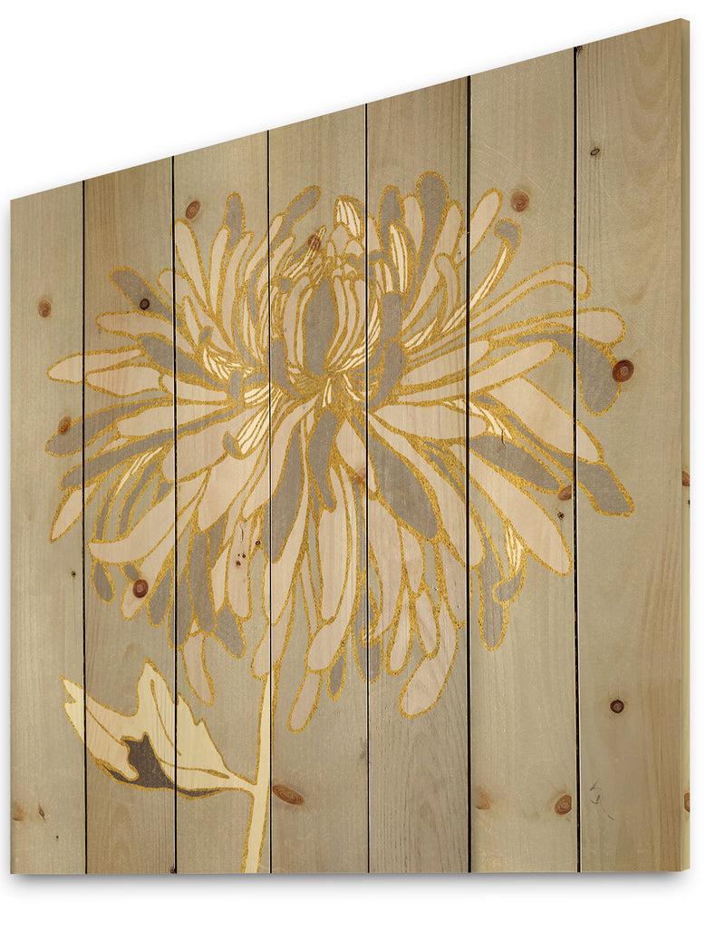 Designq Gold Metallic Floral Garden I - Modern Glam Print On Natural Pine Wood